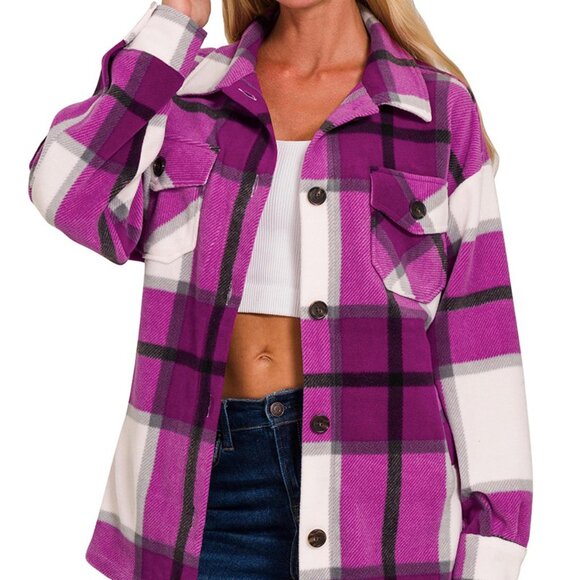 Zenana Oversized Plaid Fleece Shacket - Picture 1 of 3